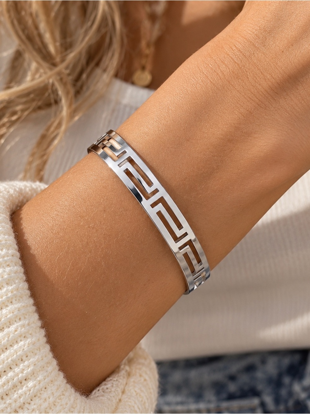 Silver Greek Key Open Cuff Designer Inspired